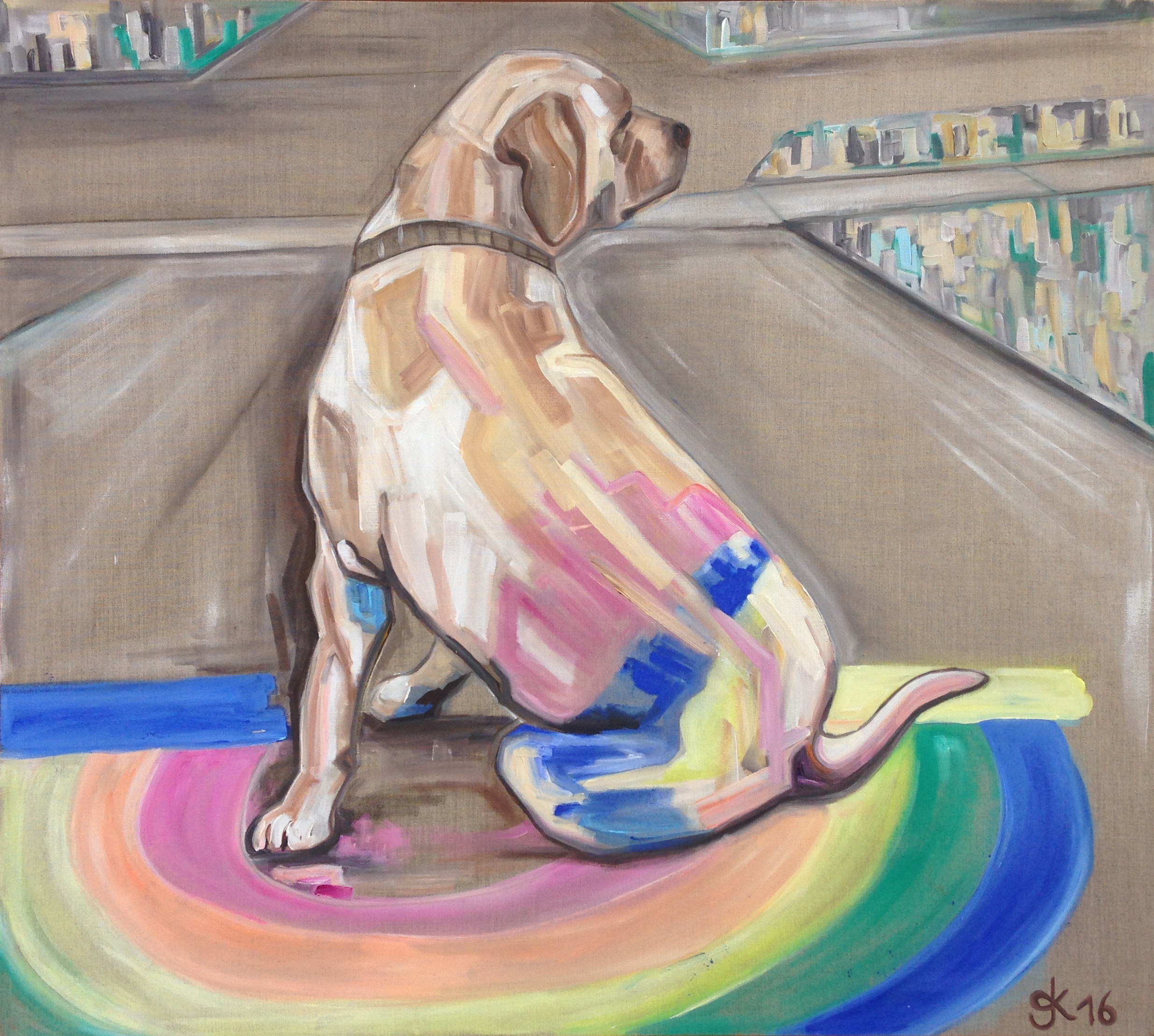 "Stuck Dogs 2_Rainbowdog" Acrylfarbe auf Terané- Rohgewebe, Lärchenholzrahmen 110x120cm, 2016